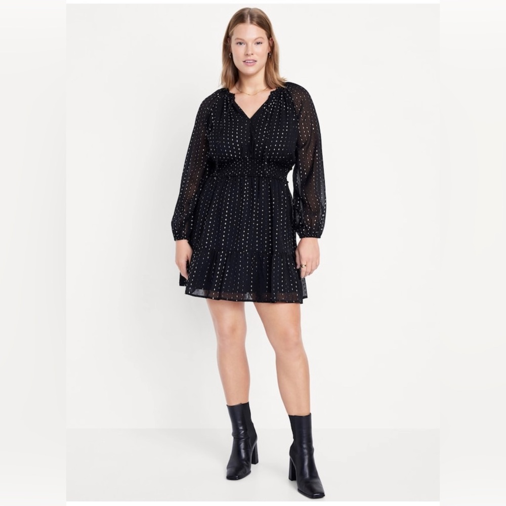 Waist-Defined Swiss-Dot Shine Mini Dress NWT